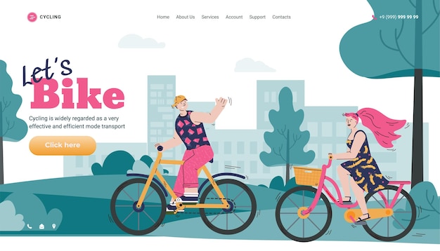 Modelo de página da web com casal andando de bicicleta em ilustração vetorial plana de desenho animado da cidade