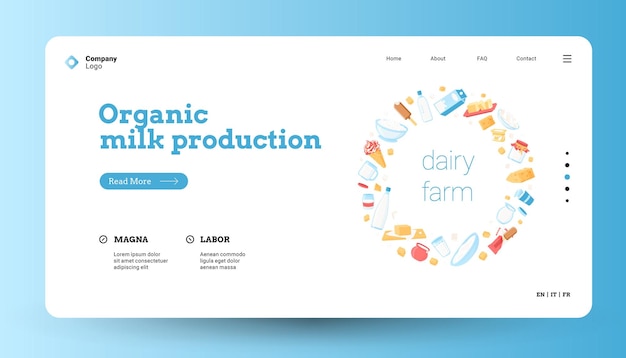 Modelo de página da web de desembarque de produtos lácteos com leite de desenho animado conceito de alimentos orgânicos queijo iogurte manteiga requeijão site vetorial com leite na ilustração de vidro