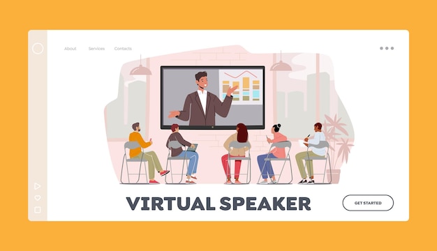 Modelo de página de aterrissagem de palestrante virtual personagens de negócios ouvir tutor na conferência on-line trabalhadores assistindo vídeo