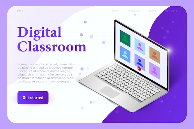 Modelo de página de aterrissagem em sala de aula digital com laptop 3d realista com perfis de estudantes. lição on-line no programa de chamadas de voz.