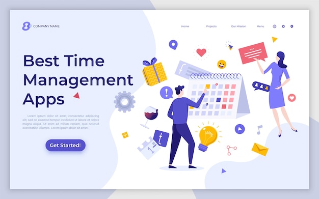 Modelo de página de destino com calendário de pessoas levitando aplicativo para agendamento de planejamento eficaz de gerenciamento de tempo ilustração vetorial plana moderna para promoção de serviços de internet