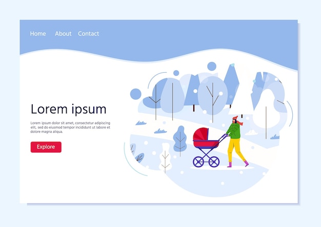 Modelo de página de destino com pessoas caminhando no parque da cidade de inverno, pais caminhando com crianças e se divertindo ao ar livre. vetor para web design, folheto, cartaz, banner, plano de fundo de férias