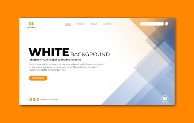 Modelo de página de destino com vidro transparente em forma geométrica triângulo azul e laranja em fundo branco para a página inicial do site