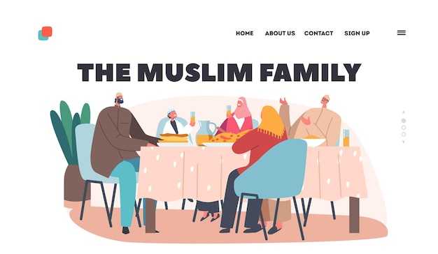 Modelo de página de destino da família muçulmana celebração do feriado do ramadã tradicional árabe personagens velhos e jovens