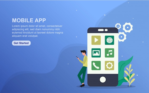 Modelo de página de destino de aplicativos para dispositivos móveis. Conceito de design plano de design de página da web para o site.