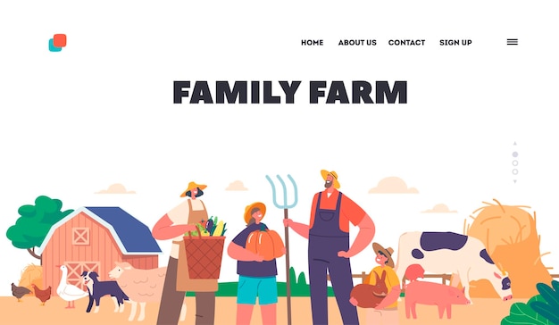 Modelo de página de destino de fazenda familiar agricultores trabalham na terra, cultivando colheitas e ilustração em vetor de desenhos animados de gado