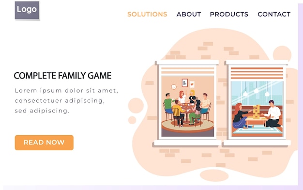 Vetor modelo de página de destino de jogo familiar completo com pessoas jogando jogo de tabuleiro e jenga em casa
