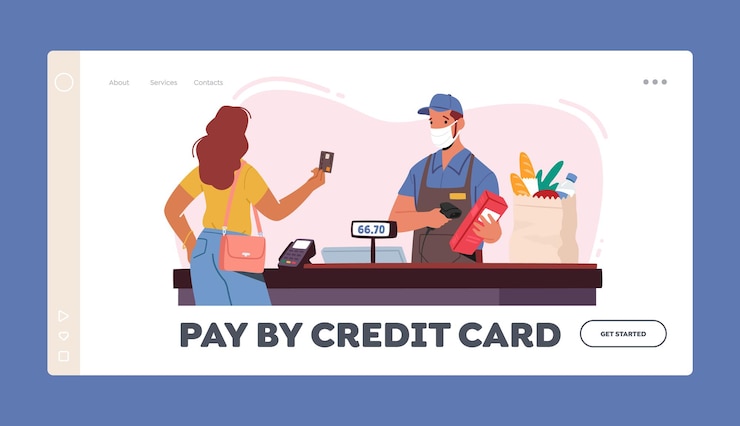 Vetor modelo de página de destino de pagamento com cartão de crédito sem contato. personagem de vendedor em máscara facial use terminal pos. cliente feminino na loja preparar cartão para pagamento sem dinheiro. ilustração vetorial de pessoas dos desenhos animados