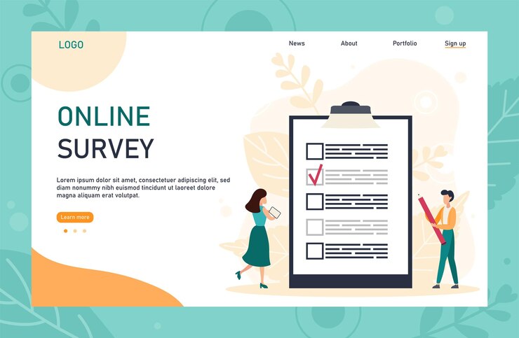 Vetor modelo de página de destino de pesquisa online com cabeçalho. homem segurando o lápis enquanto olha para uma lista de verificação concluída em uma prancheta. pode usar para banner da web, infográficos, imagens de heróis. ilustração em vetor plana.