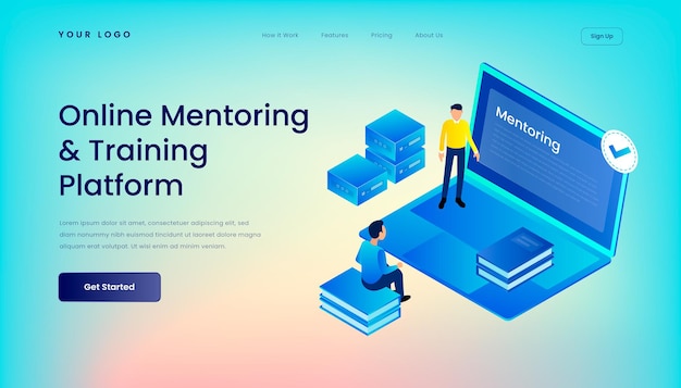 Modelo de página de destino de plataforma de treinamento e mentoria on-line com interface de usuário da web de desktop de ilustração 3d isométrica