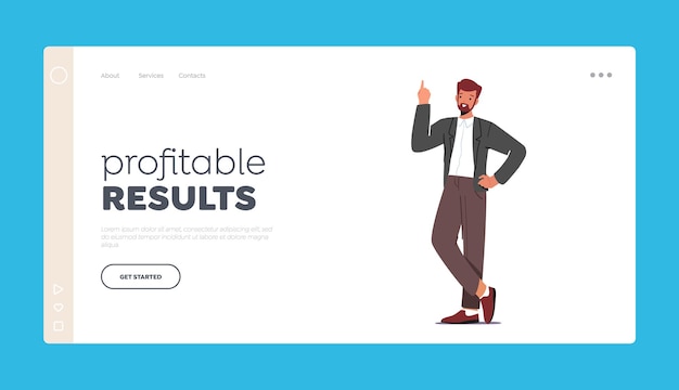 Modelo de página de destino de resultados lucrativos. Empresário tendo grande insight, conceito de ideia criativa. Personagem de homem de negócios segurando o dedo indicador para cima, Eureka, solução de tarefa. Ilustração vetorial de desenho animado