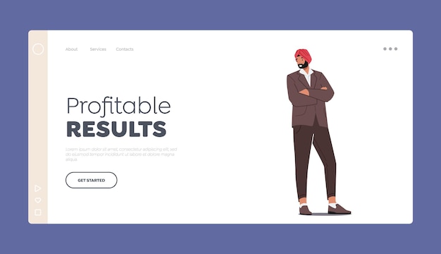 Modelo de página de destino de resultados lucrativos Modelo de homem de negócios indiano ou paquistanês Desgaste turbante marrom blazer e calças