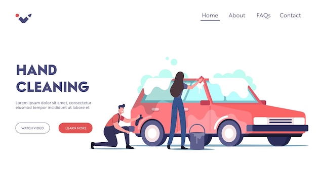 Vetor modelo de página de destino de serviço de lavagem de carro. processo de trabalho de personagens de funcionários de empresa de limpeza. casal de trabalhadores usa uniforme ensaboando automóvel com esponja e esfregão. ilustração vetorial de pessoas dos desenhos animados
