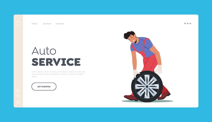 Vetor modelo de página de destino de serviço de reparo automotivo conserto de veículo no mecânico de oficina de garagem vestido de macacão vermelho