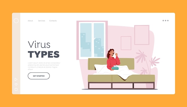 Modelo de página de destino de tipos de vírus gripe e infecção viral doença mulher doente espirrando com lenços umedecidos sentado na cama
