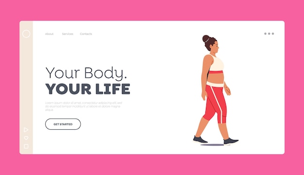 Modelo de página de destino de vida saudável personagem feminina mulher gorda corpulenta usar terno esportivo andar menina gorda perda de peso