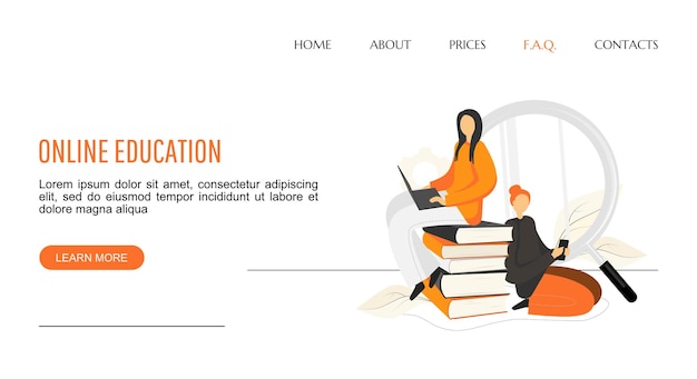Modelo de página de destino do aplicativo de educação on-line com pessoas, livros, lupa, laptop e texto