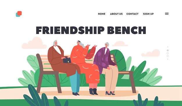 Modelo de página de destino do banco de amizade avós na moda se comunicam no banco amigos idosos sentados no parque