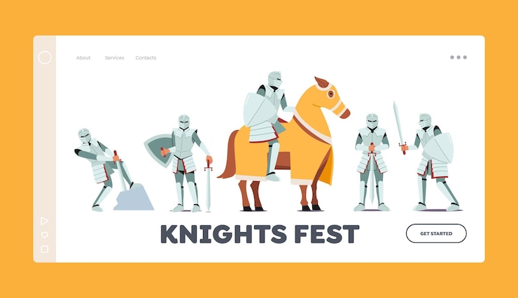 Vetor modelo de página de destino do knights fest guerreiro medieval usa armadura e espada soldado antigo puxa o sabre da pedra