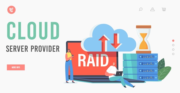 Vetor modelo de página de destino do provedor de servidor de nuvem. armazenamento de dados raid no datacenter, minúsculos caracteres no enorme bloco de pc, sistema de hospedagem virtual inovador para análise. ilustração vetorial de pessoas dos desenhos animados