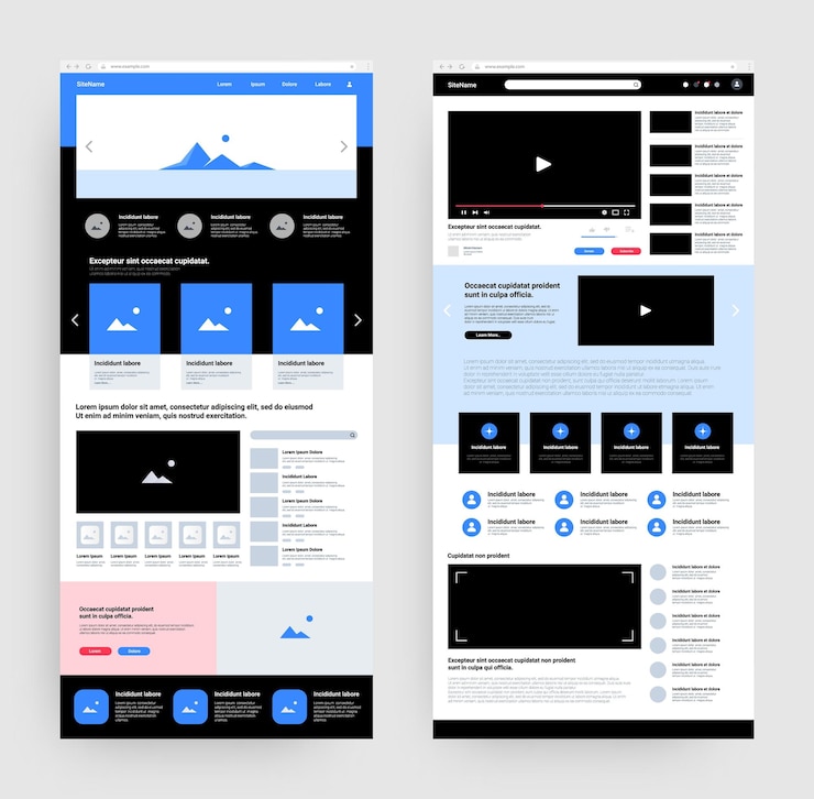 Vetor modelo de página de destino do site wireframe com corpo de cabeçalho e rodapé modelo de interface do usuário do portfólio de negócios galeria de fotografias e reprodutor de vídeo ícones de contas de usuários rede vetorial design ux