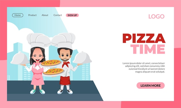 Vetor modelo de página de destino do tempo de pizza com ilustração de atividades de personagens de chef