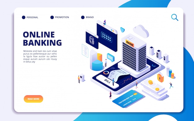 Modelo de página de destino isométrica de banco online
