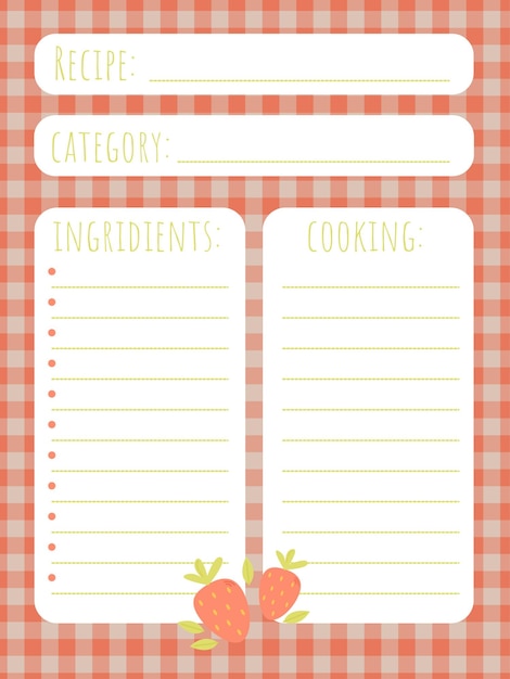 Modelo de página de livro de receitas com morangos bonitos e fundo a quadros