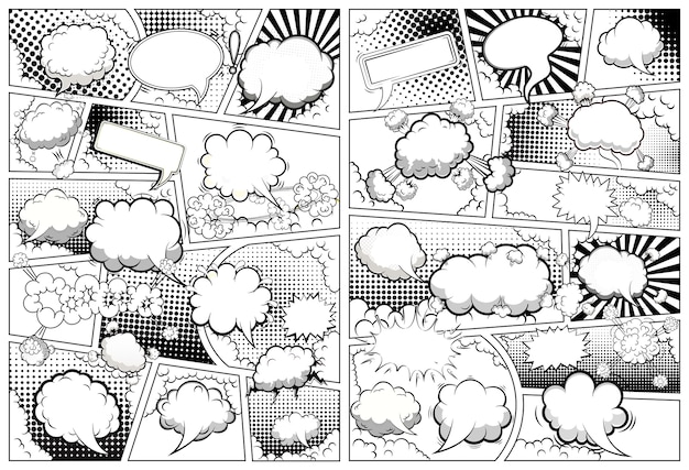 Modelo de página em preto e branco de quadrinhos dividido por linhas com balões de fala. .