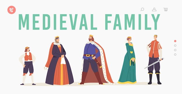 Vetor modelo de página inicial da família medieval. personagens reais, rainha e rei, príncipe, princesa e personagens da página vestindo trajes históricos, heróis antigos de contos de fadas. ilustração em vetor desenho animado