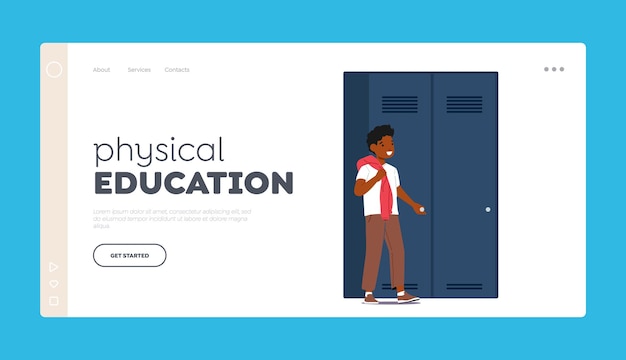 Modelo de página inicial de educação física garotinho negro fica perto do armário na sala de esportes ou corredor da escola