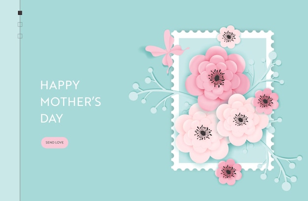 Modelo de página inicial de feliz dia das mães. banner da web do feriado do dia das mães com flores de corte de papel para folheto, brochura, venda de primavera do site. ilustração vetorial