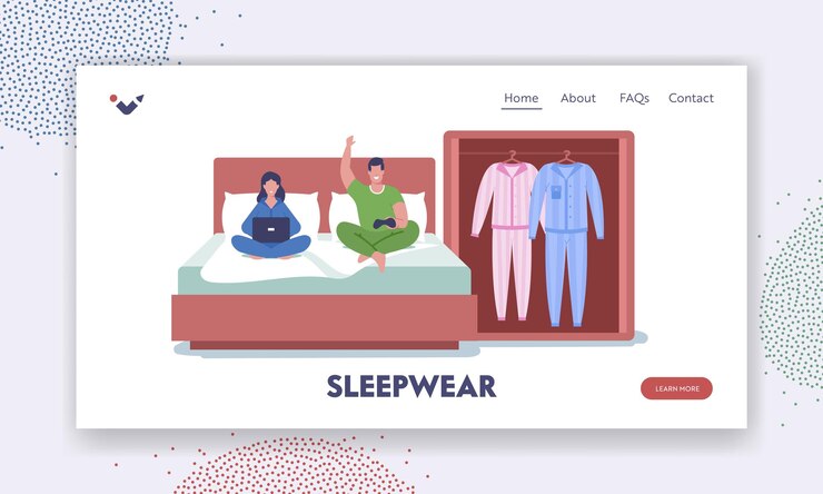 Vetor modelo de página inicial de pijama confortável ou roupa de dormir. família casal sentado na cama com laptop e joystick, passar algum tempo juntos. personagens vestindo roupas de casa. ilustração em vetor desenho animado