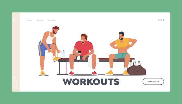 Modelo de página inicial de treino Homens jovens sentados no banco no vestiário esportivo Ilustração de personagens masculinos de desportistas