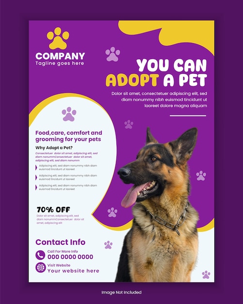 Modelo de panfleto de adoção de animais de estimação e desenho de cartaz ou panfleto para negócios relacionados a animais de estimações de tamanho a4