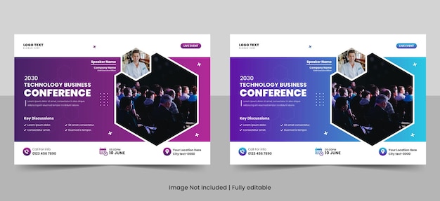 Modelo de panfleto de conferência de tecnologia criativa e layout de convite de banner de evento de negócios online