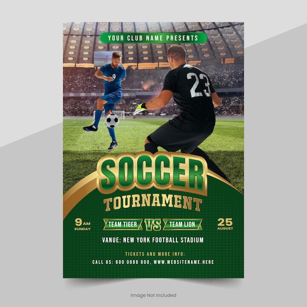 Vetor modelo de panfleto de evento esportivo de futebol e layout de pôster de torneio de campeonato com fundo verde