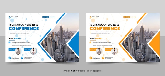 Modelo de panfleto de webinar de conferência de tecnologia de negócios e layout de convite de banner de evento