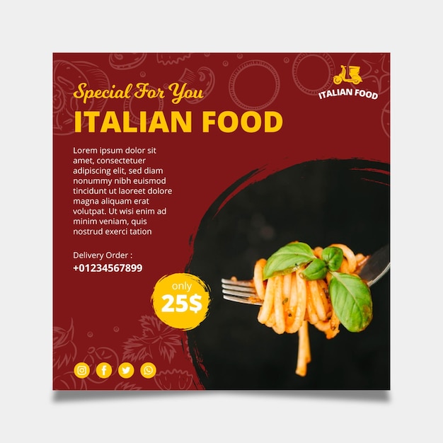 Vetor modelo de panfleto quadrado de comida italiana