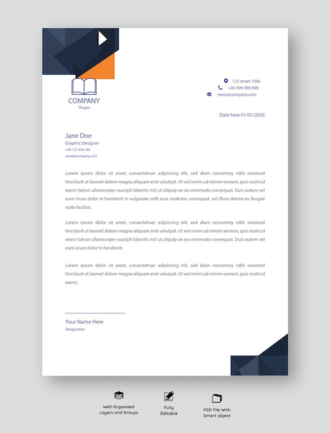 Modelo de papel de carta corporativa profissional laranja e azul Design de papel de letra de negócios modernos PSD