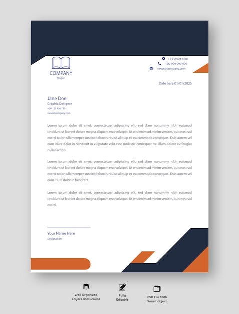 Modelo de papel de carta corporativa profissional laranja e azul Design de papel de letra de negócios modernos PSD