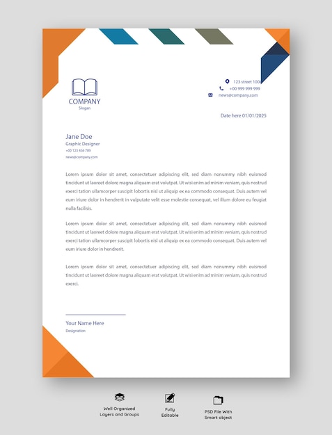 Modelo de papel de carta corporativa profissional laranja e azul Design de papel de letra de negócios modernos PSD