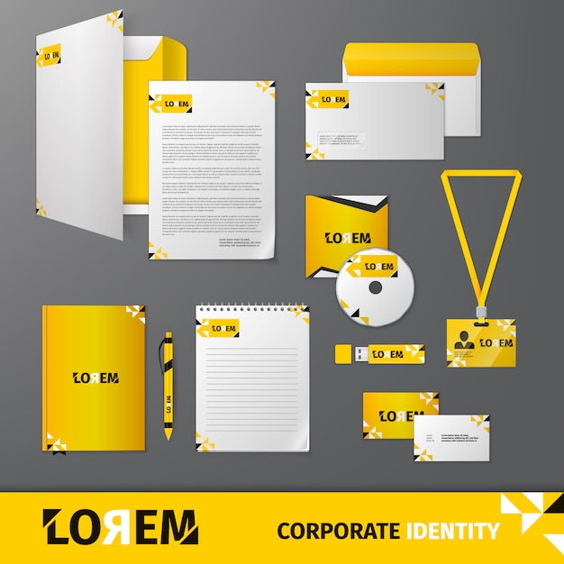 Modelo de papelaria de negócios tecnologia geométrica amarela para identidade corporativa e branding conjunto