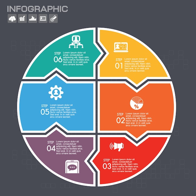 Modelo de peças de quebra-cabeça de círculo de vetor para infográfico. conceito de negócio com 6 opções. eps 10. pode ser usado para diagrama, banner, opções de número, layout de fluxo de trabalho, opções de intensificação, design da web, etc.