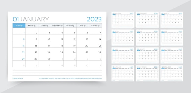 Modelo de planejador de calendário de 2023 anos ilustração vetorial layout de diário mensal
