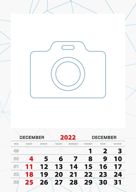 Modelo de planejador de calendário de parede para dezembro de 2022, semana começa no domingo.