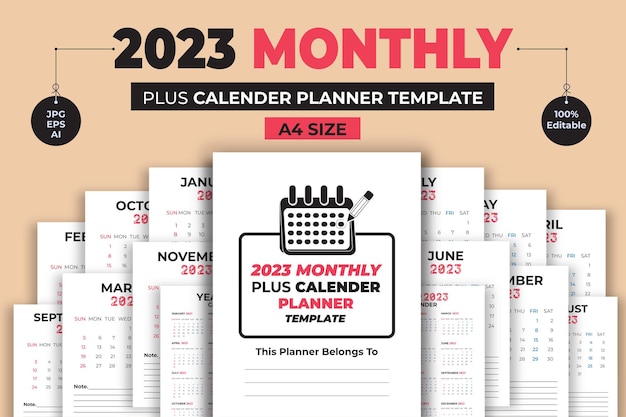 Vetor modelo de planejador de calendário mensal 2023 plus - designs de pacote de interiores kdp