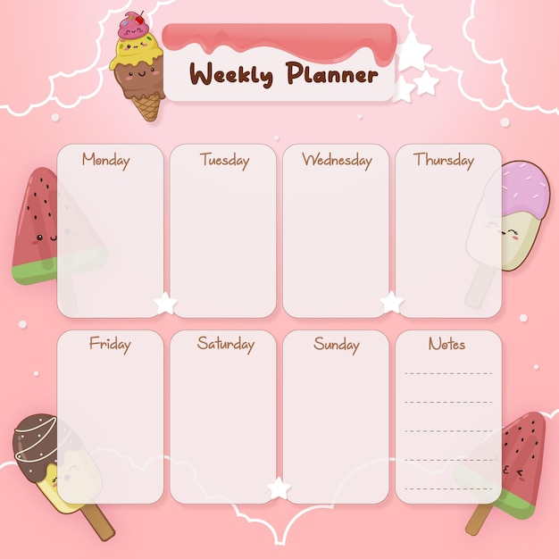 Vetor modelo de planejador semanal com sorvete fofo