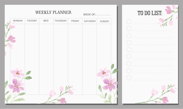 Modelo de planejador semanal de aquarela de flores selvagens