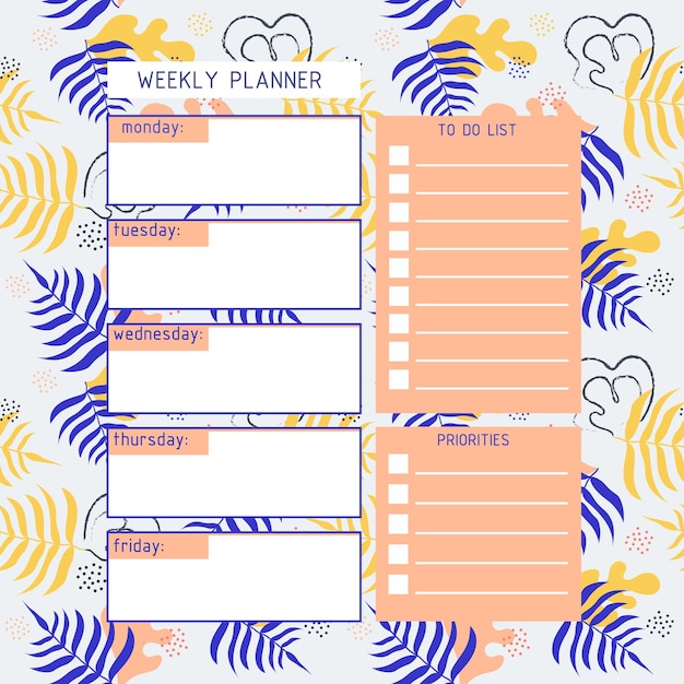 Vetor modelo de planejador semanal. de volta à escola. um planejador para a organização da semana.